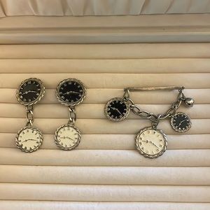 Vintage estate, jewelry, clock earrings, and the clock brooch set